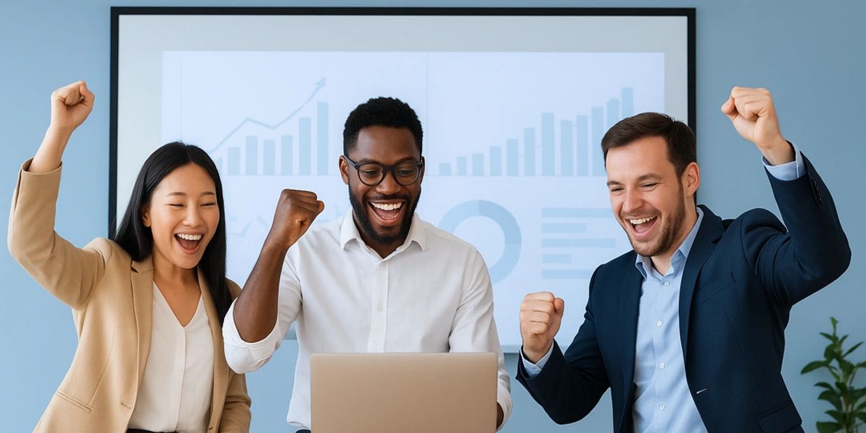 Sales team celebrates in front of a screen showing rising sales charts and KPIs