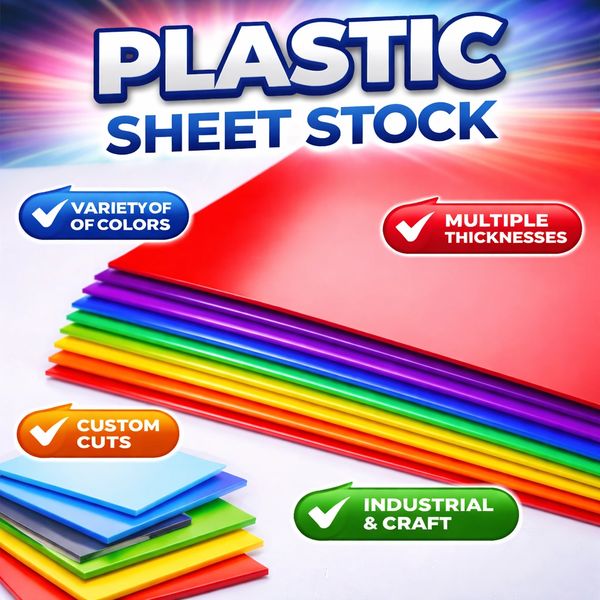 Colorful plastic sheet stock with various options for thickness and custom cuts.