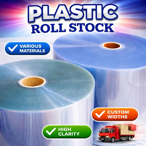 Two large clear plastic rolls with highlighted features like custom widths and high clarity.