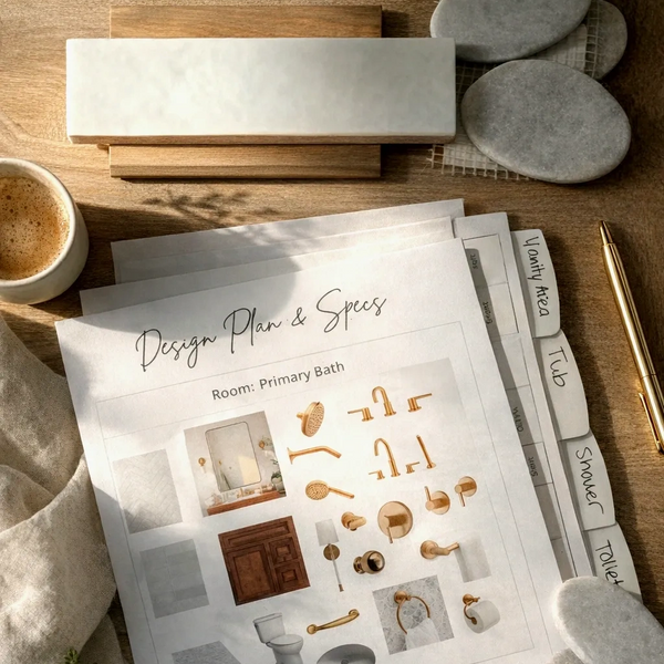 Design plans and specs for a primary bathroom with gold fixtures and accessories.