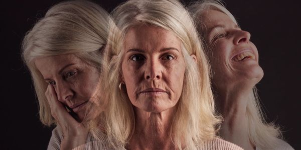 Portrait showing a woman with multiple emotional expressions against a dark background.