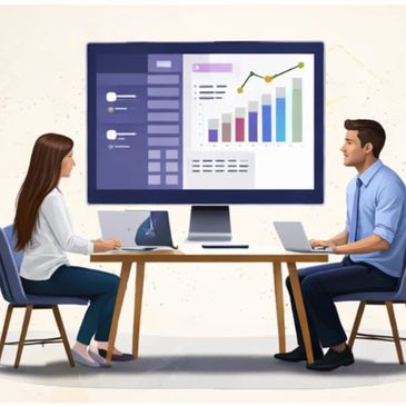 Two professionals analyzing data charts on a large screen in a meeting.