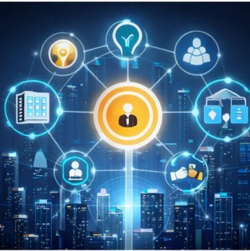 Digital network connecting icons over a cityscape at night.