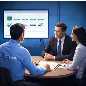 Three professionals discussing a project with a presentation on screen.