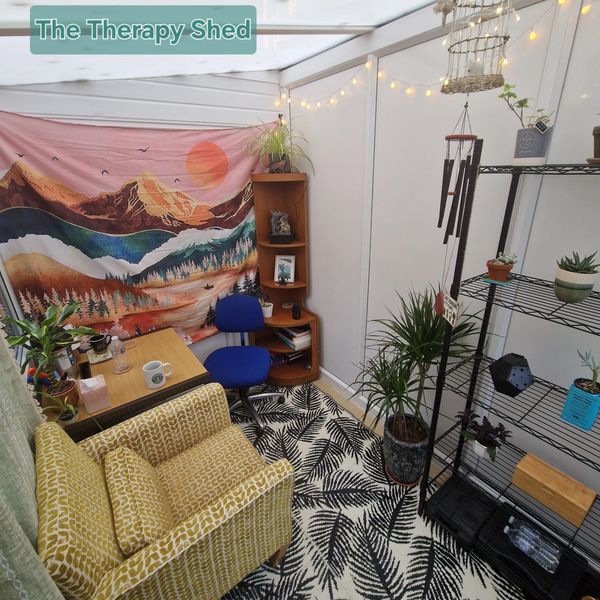 Cozy therapy shed with colorful tapestry, comfy seating, plants, and calming decor.