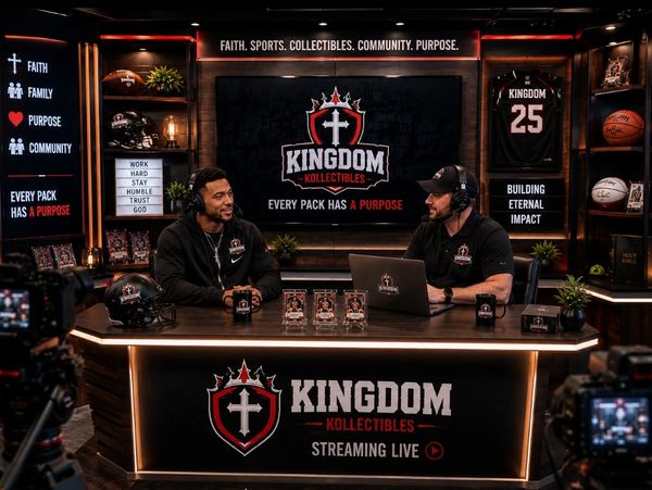 Two men discussing sports collectibles in a professional streaming studio.