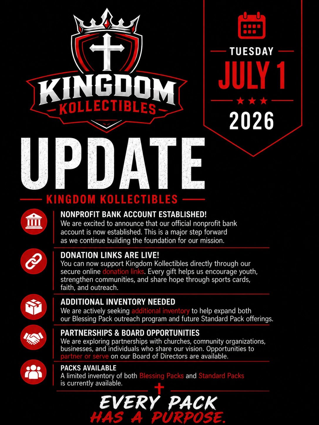 Kingdom Kollectibles update on July 1, 2026.