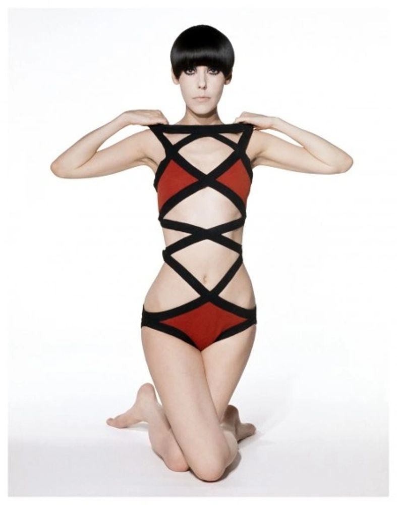 Peggy Moffitt Fashion Icon in Red Cut Out Swimsuit Monokini photographed  by William Claxton