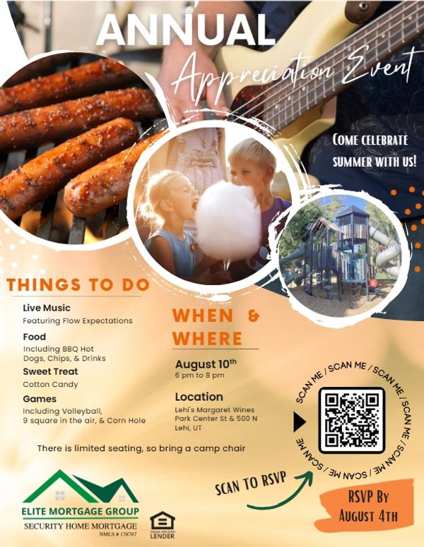 Annual Appreciation Event with live music, food, games, and cotton candy on August 10th.