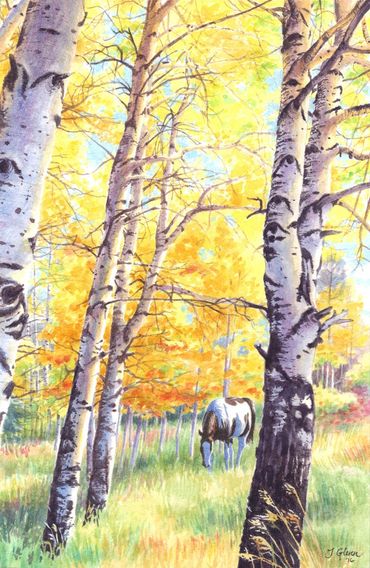 watercolor painting of fall landscape with yellow aspen leaves and a paint horse grazing.