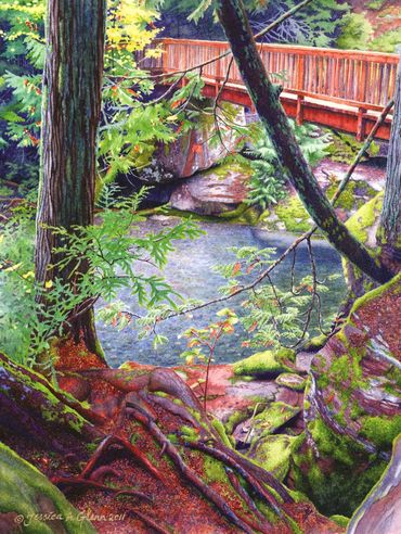 painting of the cedar bridge crossing Avalanche Creek in West Glacier National Park, Avalanche Lake