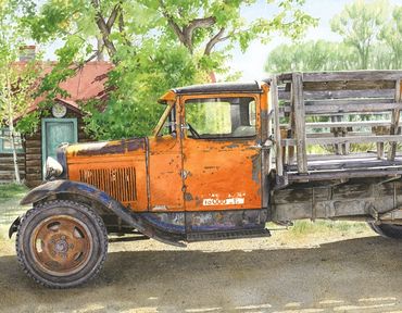 Painting of a vintage orange Model AA truck in Bannack Ghost Town in Montana.