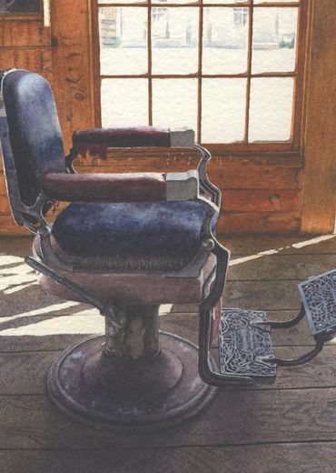 Painting of an antique Koken barber chair in Skinner's Saloon in Bannack Ghost Town, Montana.