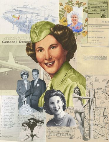 Painted portraits of Betty Meyer from different times of her life on a collaged background.