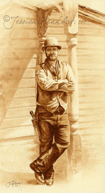 sepia tone painting of an old west character with a revolver leaning against a post in a ghost town