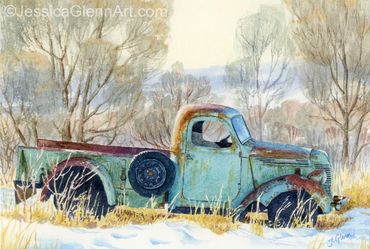 painting of a light blue vintage truck in the snow in old Chico Montana, old truck painting