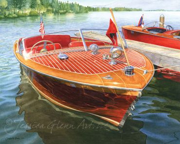 realistic painting of a classic Chris Craft wooden boat on Flathead lake, antique wooden boat art