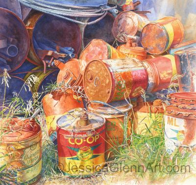 Painting of brightly colored old fuel and oil cans behind an old machine shop in Opheim Montana.