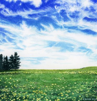 Painting of a green field of wildflowers with a patch of pine trees and a wispy, cloud-filled sky.