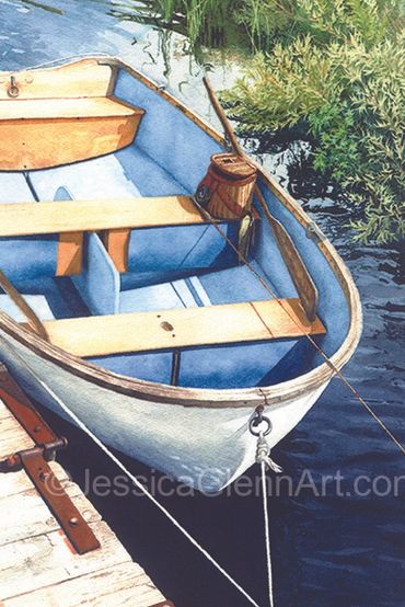 Serene watercolor painting of a rowboat with fishing gear tied to a wooden dock on Lake Michigan