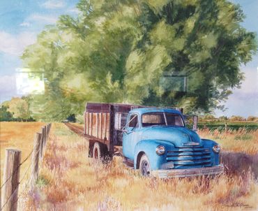 Painting of a vintage blue Chevy truck parked in a sunny, summer field.