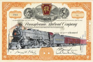 Painting of a Pennsylvania K4s Steam locomotive on an antique stock certificate.