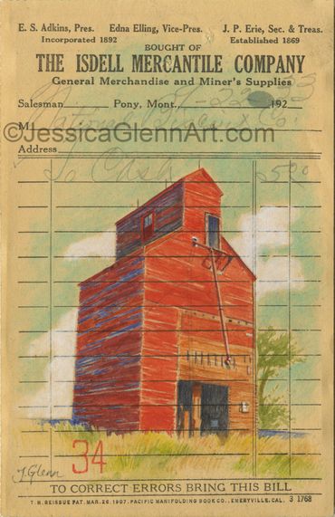 painting of a red grain elevator on an antique mercantile receipt, historic grain elevators