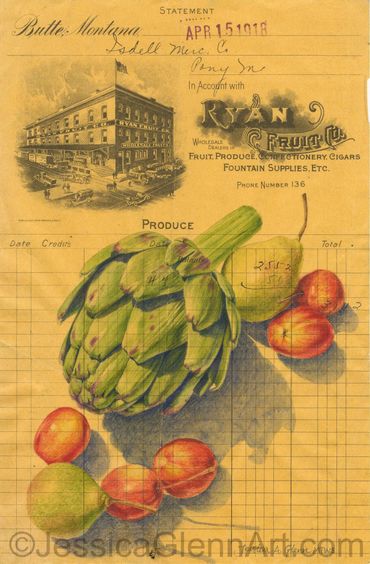 painting of an artichoke apples and pears on an antique statement from a produce company in butte mt
