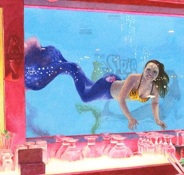 Realistic colorful painting of a mermaid at the Sip 'N Dip tiki bar in Great Falls Montana.