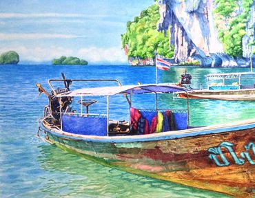 realistic colorful watercolor painting of a traditional long tail boat at a beach in Thailand