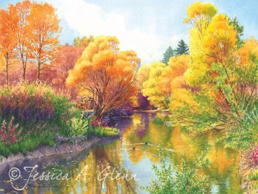 painting of a scene on the Whitefish River, Whitefish, MT in autumn with fall colors.