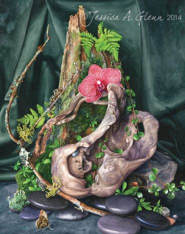 Still life painting of driftwood, moss, rocks, vines, ferns, orchids, against a green background.