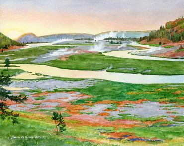 watercolor painting of the Firehole River in Yellowstone National Park at dusk.