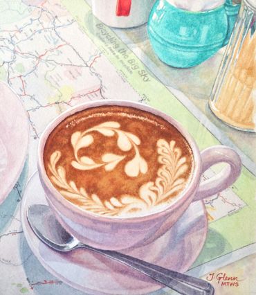 Still life painting of a cup and saucer with a latte and latte foam art.