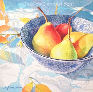 Still life painting of red and yellow pears in a Chinese bowl and yellow leaves on tablecloth.