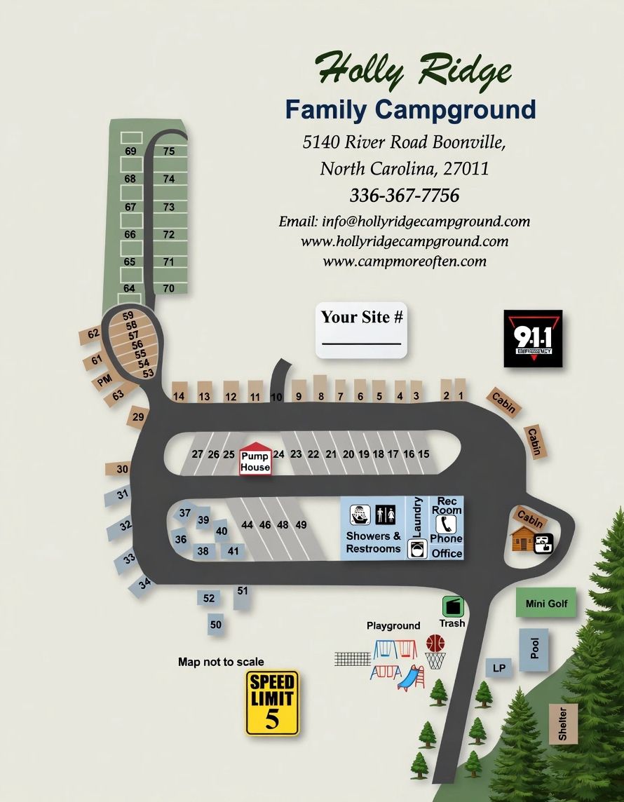 Map of Holly Ridge Family Campground showing sites, cabins, and amenities.
