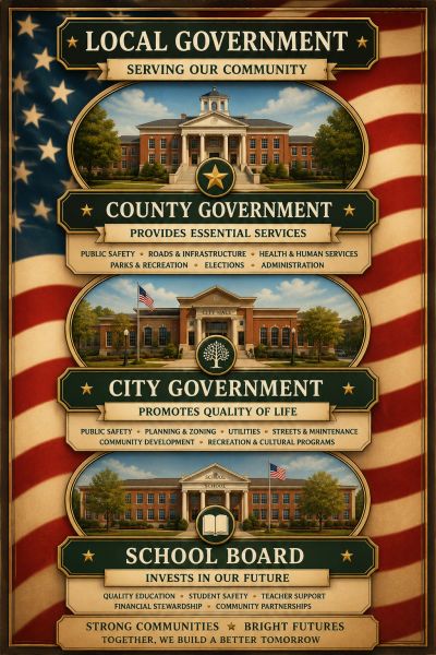 Poster explaining local, county, city government, and school board roles.