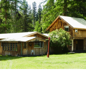 Two rustic wooden buildings in a green forest clearing.