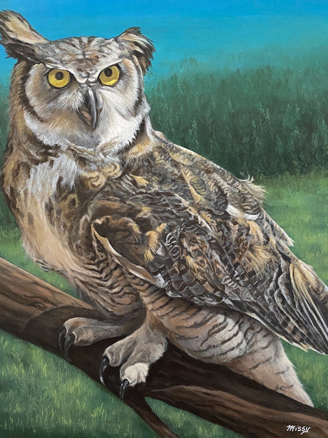 Detailed painting of a great horned owl perched on a branch.