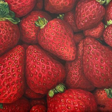 Close-up of fresh, ripe strawberries with green stems.