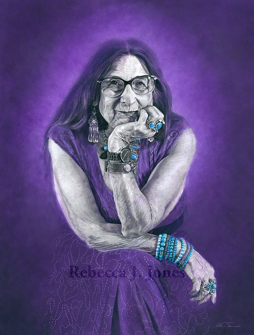 Portrait of an elderly woman in purple with blue jewelry.
