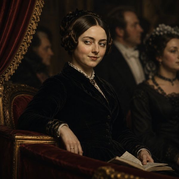 A woman in Victorian attire sitting in an ornate theater box with a book.