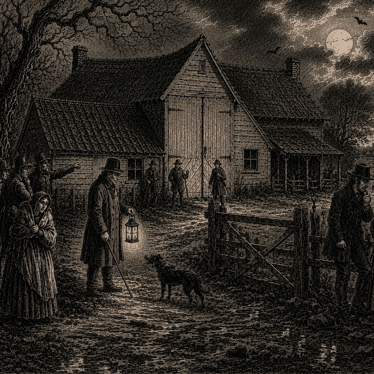 A group of people and a dog outside a large barn at night under a full moon.