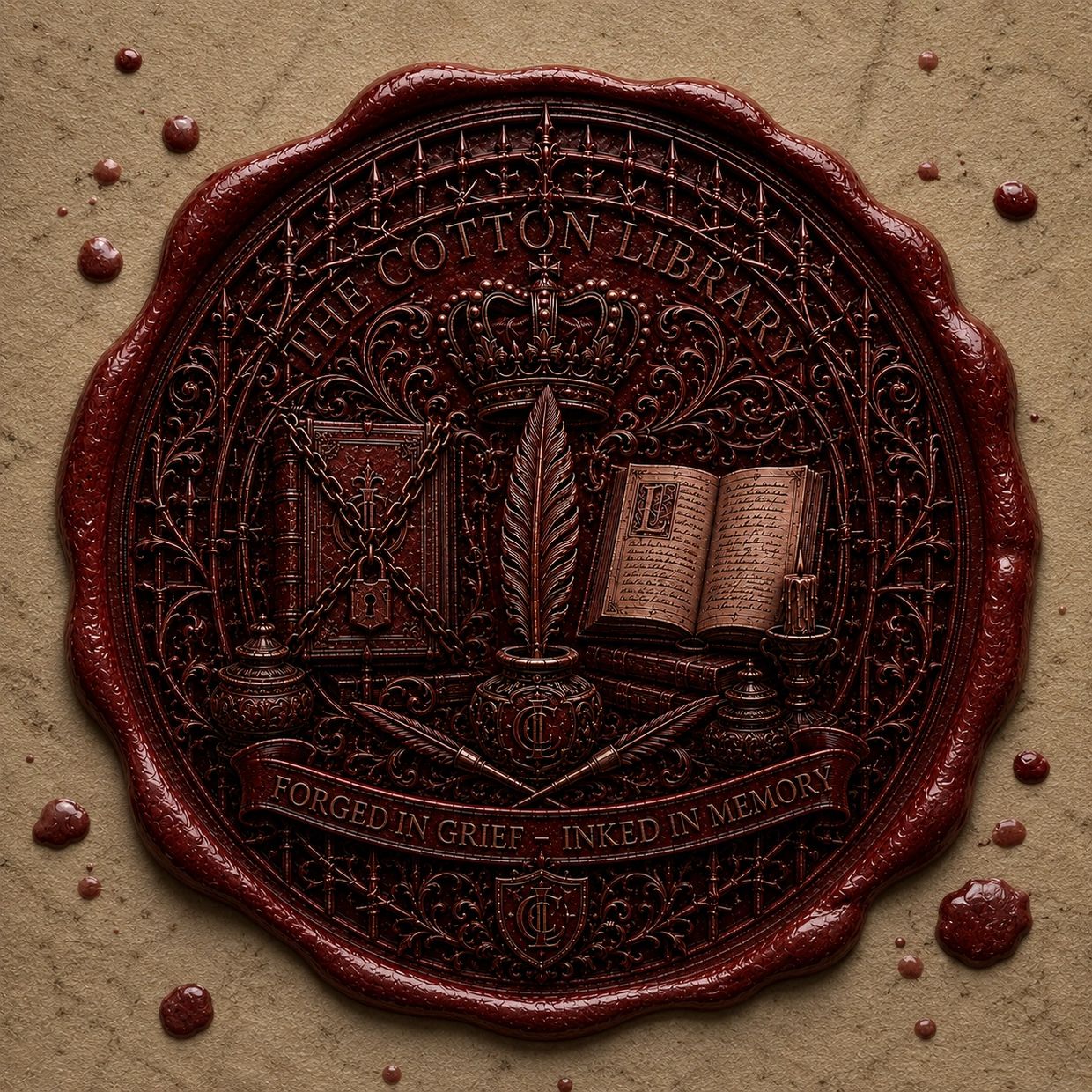 Intricate wax seal of The Cotton Library with quill, books, and candle design.