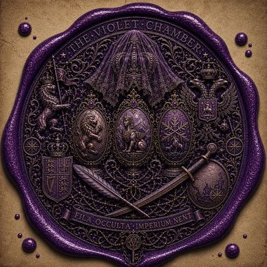 Intricate purple wax seal with heraldic symbols and Latin inscription.