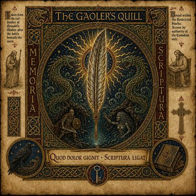 Intricate medieval-style artwork of a quill with mythical creatures and Latin text.