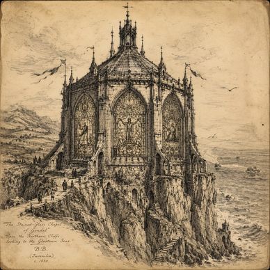 Intricate Gothic chapel perched on a cliff by the sea.