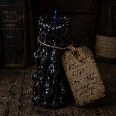 A black candle with a warning tag not to light it under any circumstances.