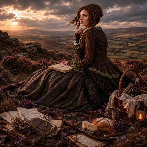 Woman in vintage dress reads outdoors at sunset with picnic and scenic hills.