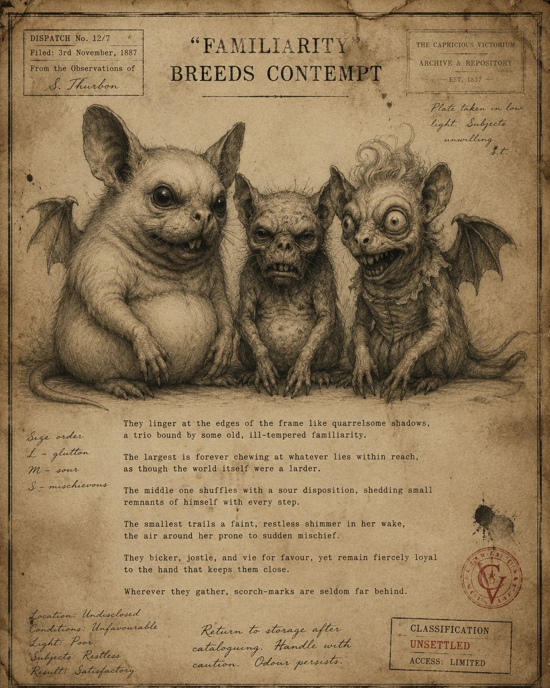 Three grotesque bat-like creatures with distinct personalities sit side by side in an eerie, vintage-style illustration.